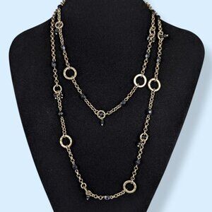 Long Black Glass & Metal Ring Necklace